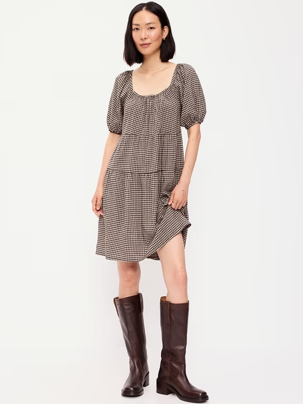 Old Navy Gingham Puff-Sleeve Tiered Mini Dress in Black and Cream NWOT